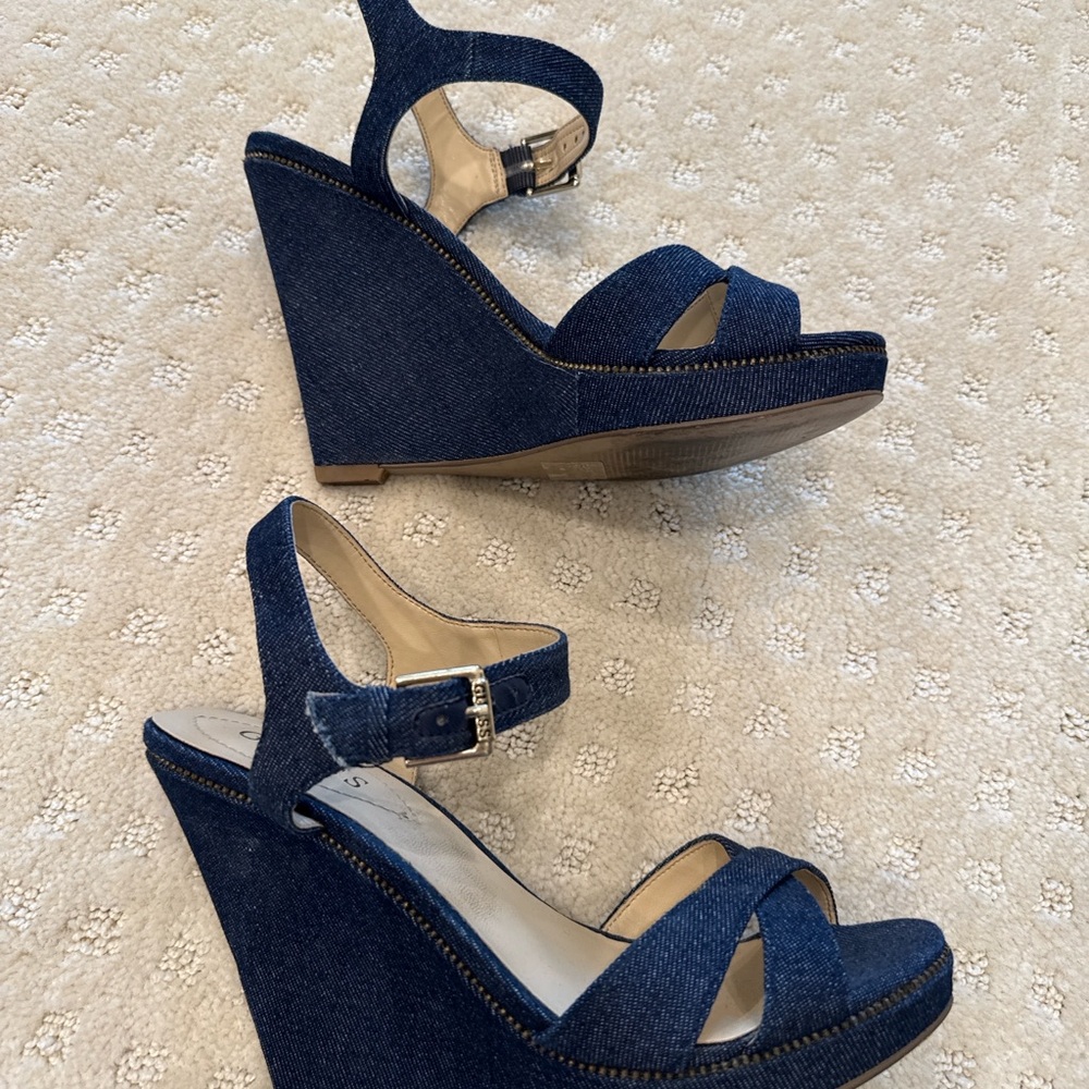 Guess Denim Wedge Sandals Ankle Strap Heels Size 7M - Picture 4 of 7